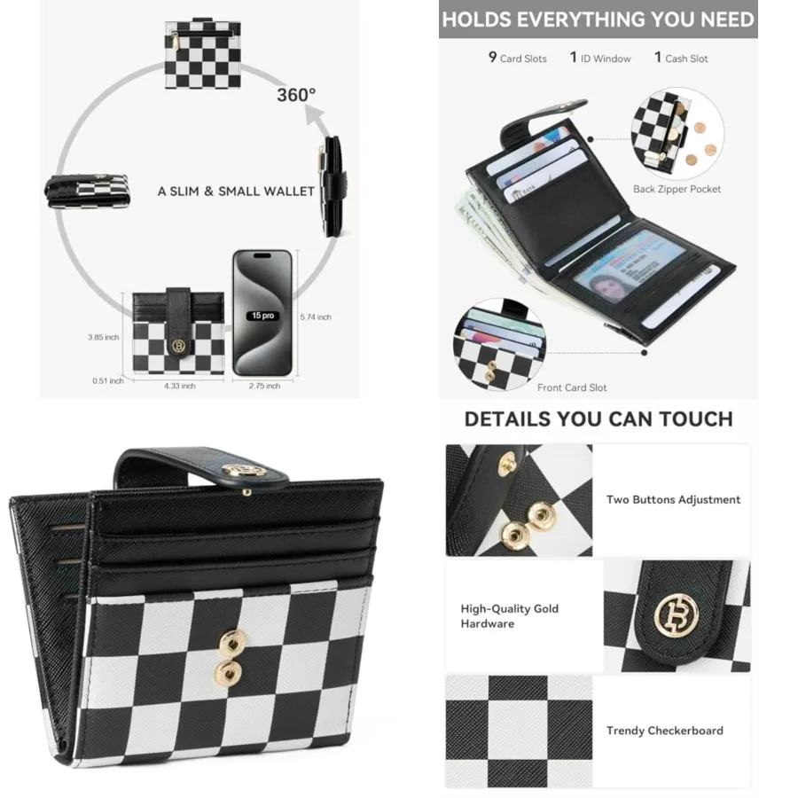 

Slim Wallet for Women Small RFID Blocking Credit Card Holder Leather Bifold Wallets with Zipper Coin Pocket and White Checkered
