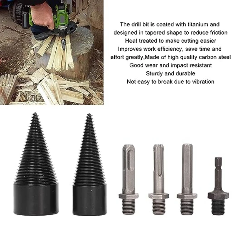 New Pack Of 6 Log Splitter Bits, 32Mm 42Mm Removable Splitting Cone Firewood Splitter Bits With 4 Handles