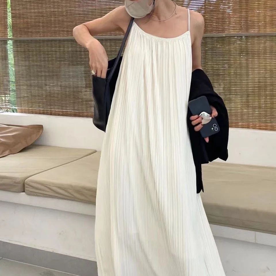 New halter dress Korean version of the simple thin pleated long dress women\'s halter nightgown long skirt nightgown homewear