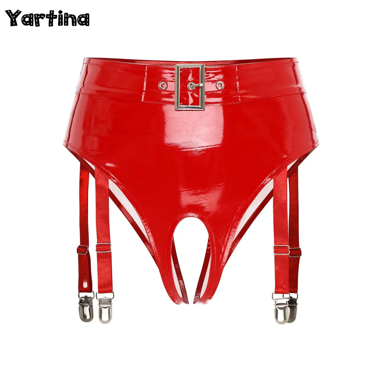 

Womens Wetlook String Panties with Garter Clips Patent Leather Sexy Lingerie Crotchless Erotic Underwear Punk Sexy Clubwear