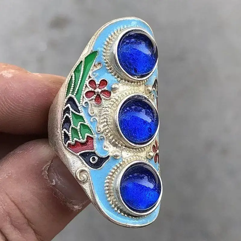 

Classic Tibetan silver cloisonn é set, sapphire ring, detachable mouth, exquisite men's and women's gifts