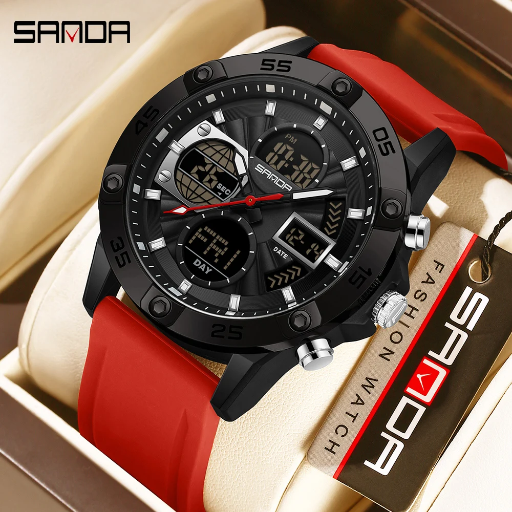 

SANDA Luxury Brand Men's Military Watch Waterproof TPU Band Chronograph Sport Men Fashion Quartz Wristwatch Double Display