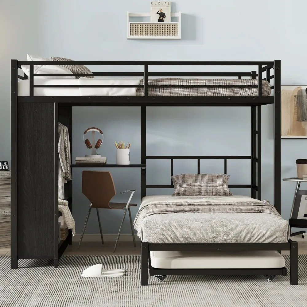 Heavy-Duty Metal Twin Bunk Bed with Built-In Wardrobe and Foldable Desk, Full Over Frame, Space-Saving Design