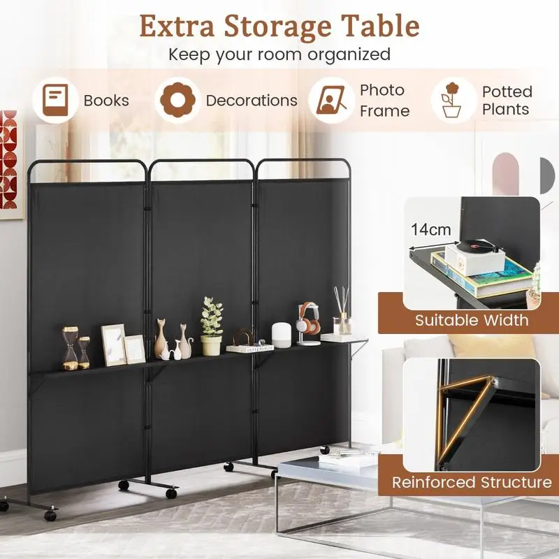 

3-Panel Folding Room Divider with 3 Metal Shelves and Lockable Wheels-Black