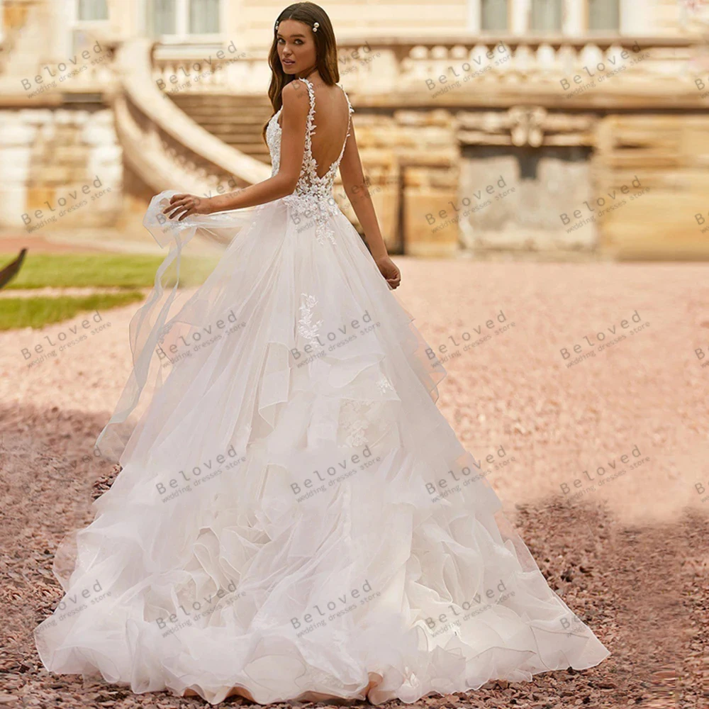 Vestidos de casamento requintados a linha tule em camadas vestidos de noiva rendas apliques com decote em v até o chão vestidos de novia 2025 personalizado