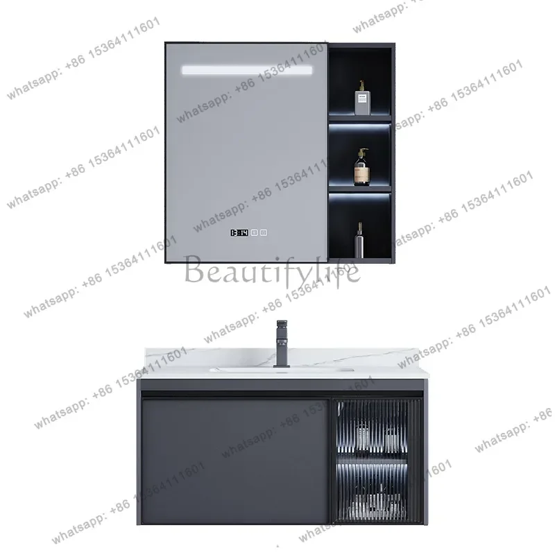 

Ceramic integrated basin bathroom cabinet Mirror cabinet Simple modern space aluminum smart bathroom cabinet combination