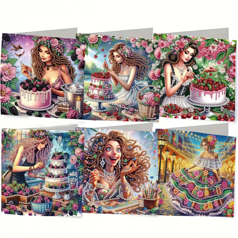 6-delig/set DIY diamant schilderij verjaardagskaartenset, met unieke bloem, vogel en patroonontwerpen, strass diamantverf