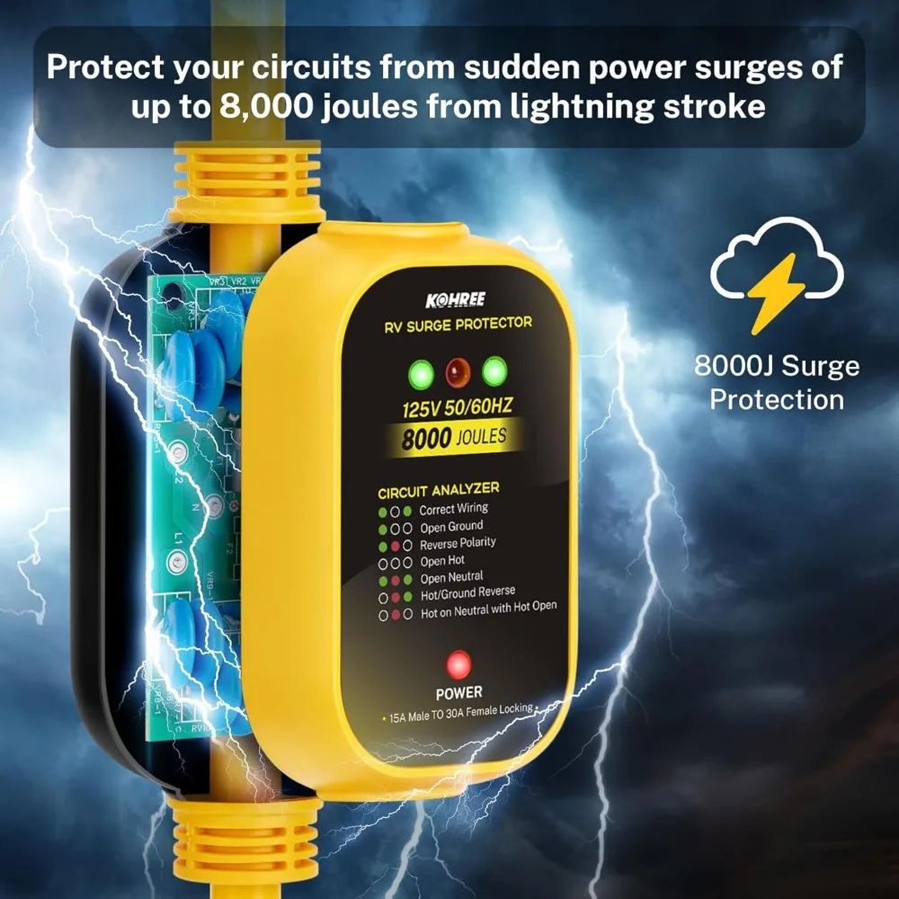 محول طاقة 30 أمبير إلى 110 فولت RV مع حماية من زيادة التيار، 8000 جول، قفل ملتوي ومحلل الدائرة لمقطورة سفر التخييم