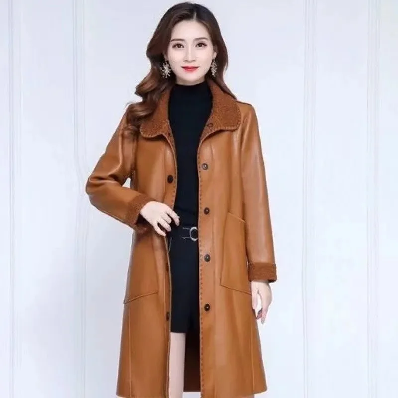 Women Fleece Lined Faux Leather Coat Mid Length Turn Down Collar Warm Mom Winter Windbreaker Jacket