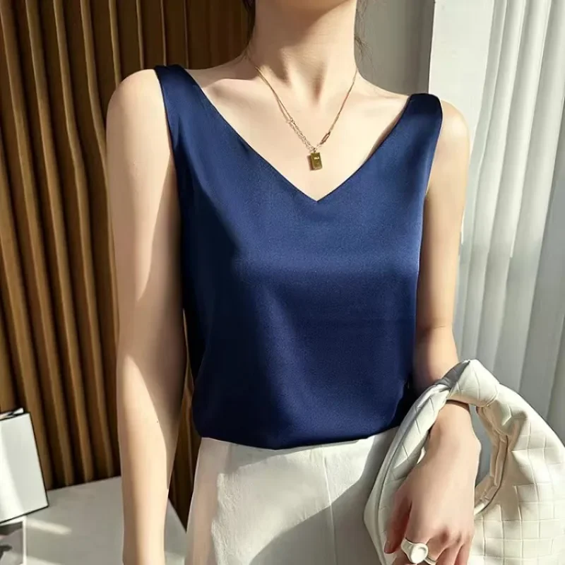 S-3XL Women Satin Silk Lace Summer Tank Tops Camis Vest Blouse Casual lady V-Neck Sleeveless Straps Vest Shirt