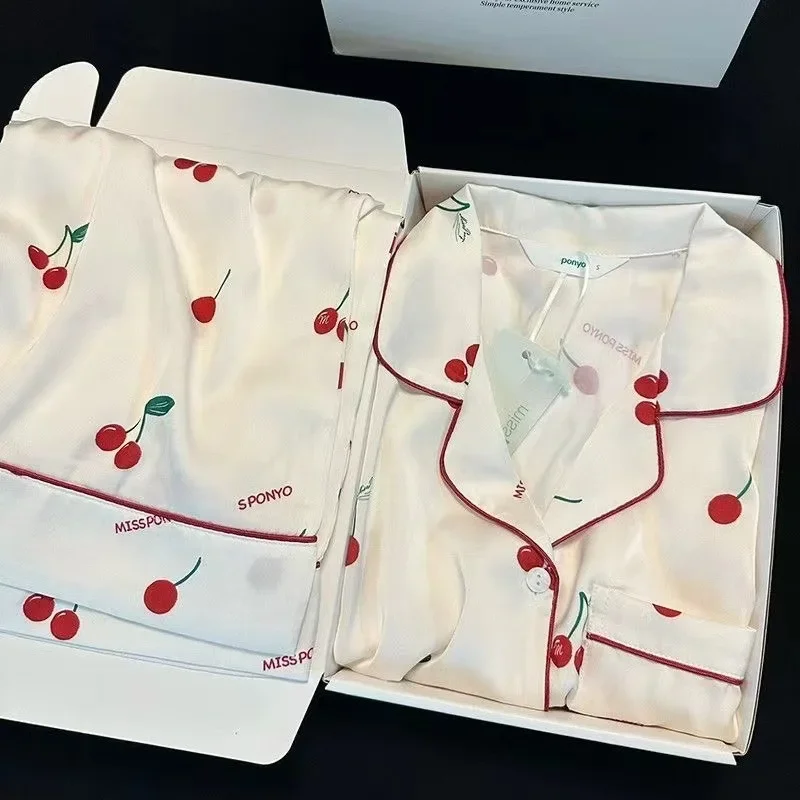 Ice Silk Pajamas Long Sleeves Spring and Autumn Style French Simple High-end Imitation Silk Small Cherry Home Clothes Suit
