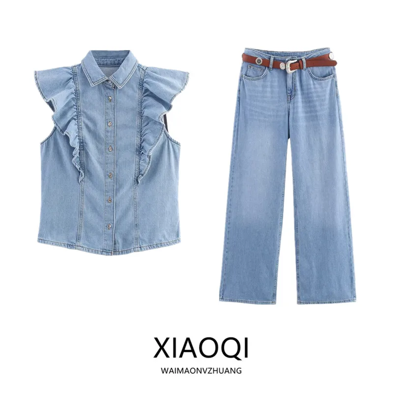 

Женская джинсовая куртка с высокой талией, длинные брюки, многослойный дизайн, модный комплект, осенний новый комплект с воротником и пуговицами