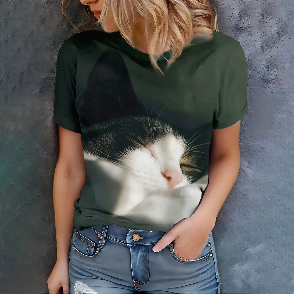 

Women's casual and fashionable 3D printed lazy cat pattern short sleeved top, women's summer hot and elegant T-shirt top