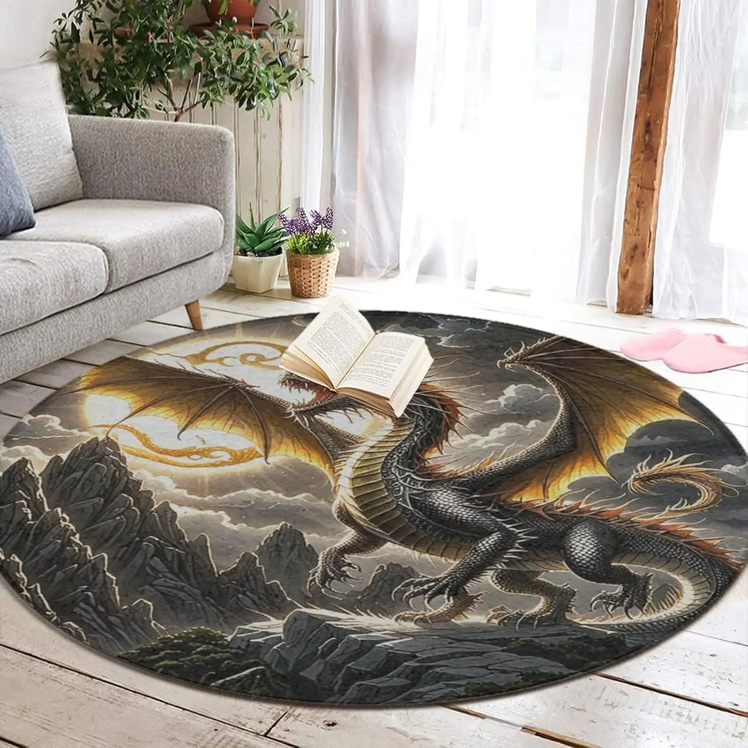 

Majestic Dragon Round Rug Fantasy Mountain Scene with Golden Wings for Gaming Room
