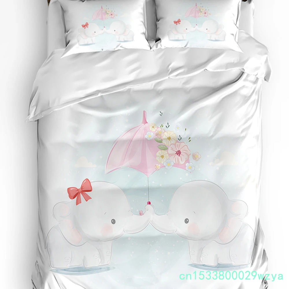 Elephant Umbrella Cartoon Flower Duvet Cover With Pillow Case Custom 3pcs Bedding Set Quilt Cover Double Bed Home Textile