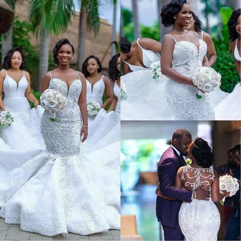 Vestidos de novia africanos de lujo con apliques de cuentas, vestidos formales de Iglesia nupcial, vestidos de novia de sirena de encaje blanco marfil