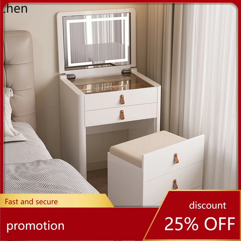

HT Cream White Bedside Table Dresser Storage Integrated Bedroom Simple Flip Makeup Table