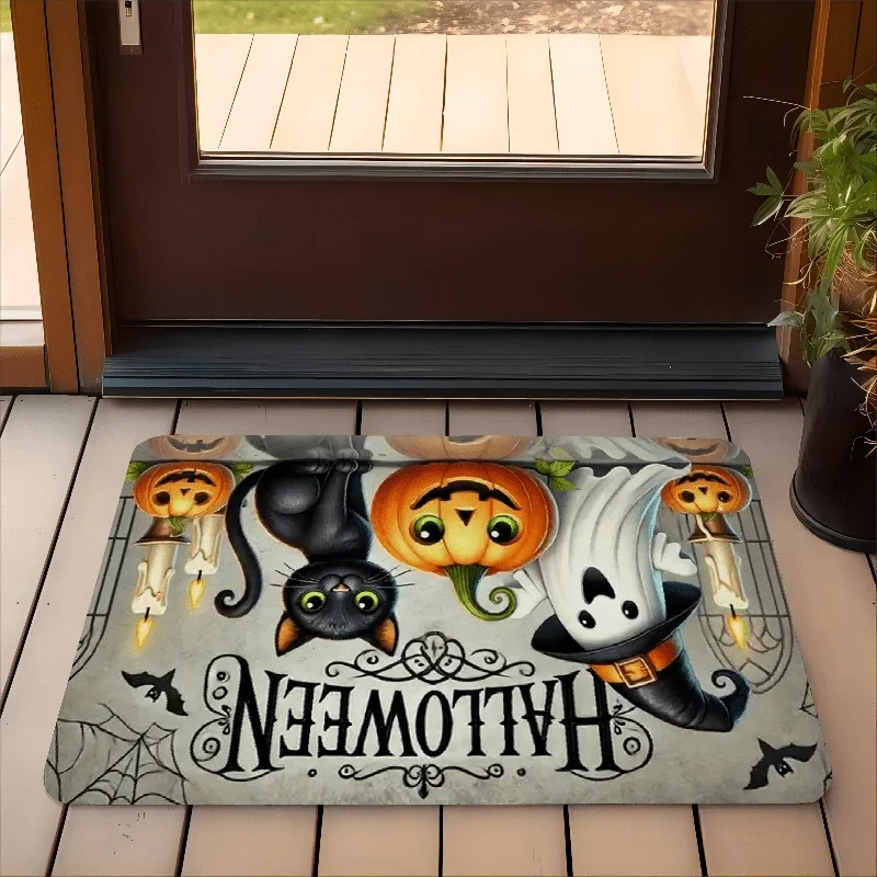 Newest Doormat Vintage Black Cat Ghost Pumpkin Halloween Doormat Flannel Non Slip Front Entrance Welcome Mat