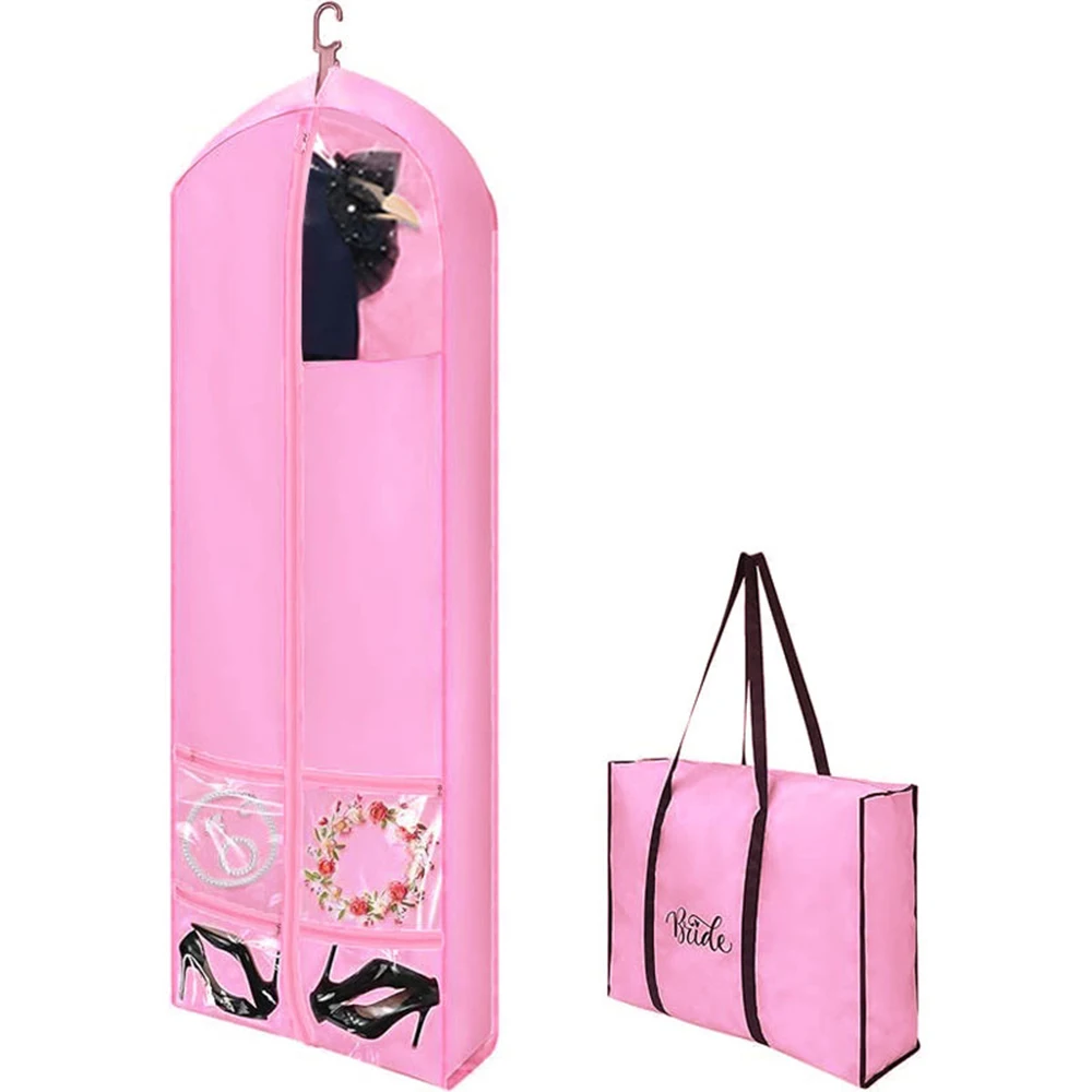 Pink Wedding Dress Garment Bag Durable Oxford Cloth Long Bridal Gown Travel Bag With Accessory Pockets Dust Cover Handbag 2 Set
