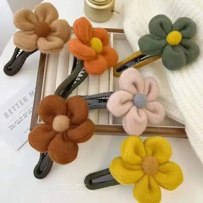 AWAYTR Autumn Winter Plush Flower Hair Claw Women Chic Duckbill Clip Hairpin Back Head Hair Clips Hair Accessories for Girls