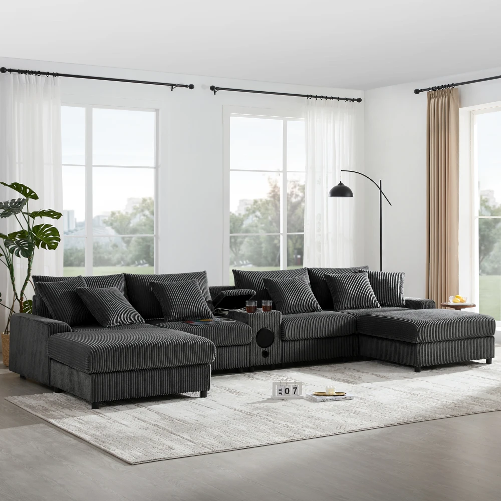 

144*64'' U-Shaped Corduroy Sectional with Bluetooth, Console, USB & Cup Holders for Living Room/Apartment