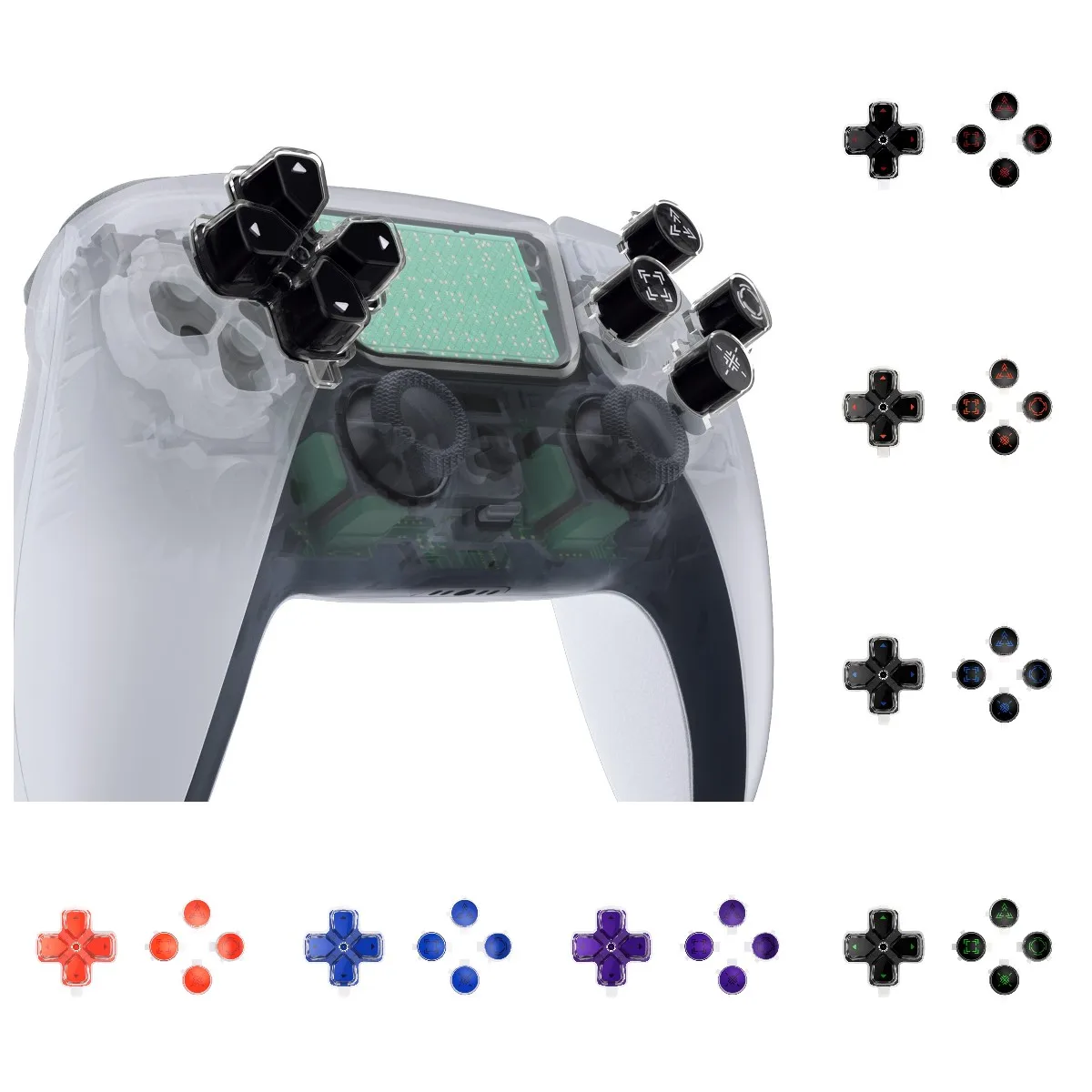 Ekstremalne niestandardowe przyciski akcji Dpad trzykolorowe czarne i przezroczyste z symbolami przyciski twarzy d-pad kompatybilne z kontrolerem ps5