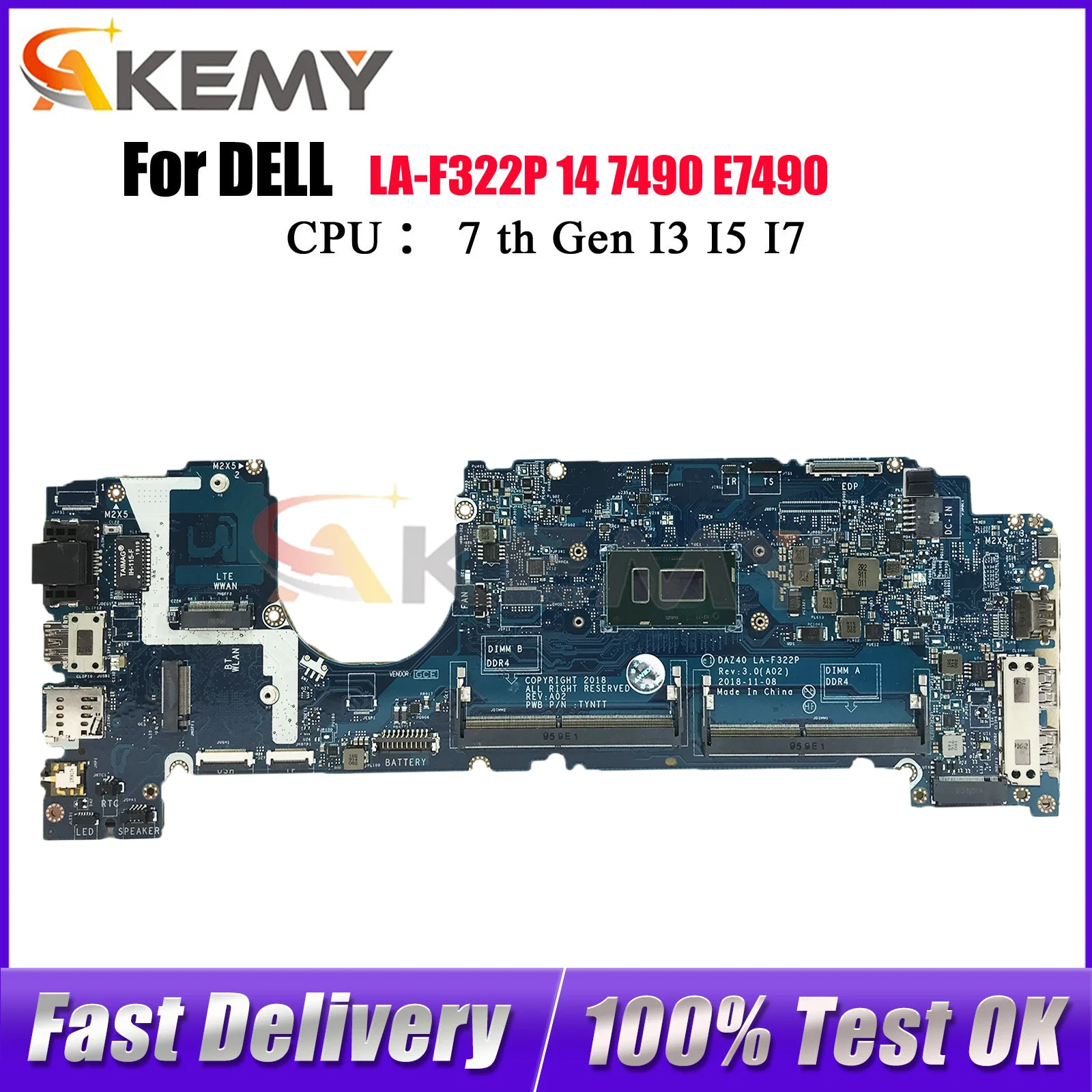 

Материнская плата для ноутбука DELL Latitude 7490 LA-F322P LA-F321P с процессором i3 i5 i7 0PXMYG 084GNT 0M44N6 LA-F321P, 100% полностью протестировано