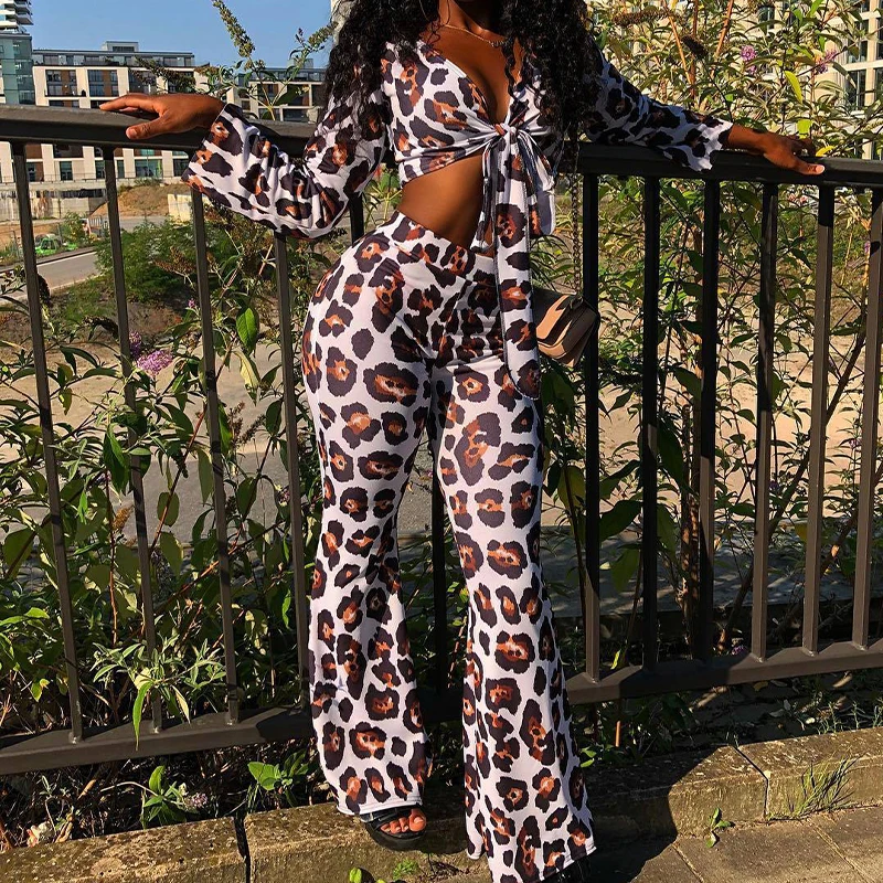 

BKLD Sexy Slim Leopard Print Women Two Piece Outfits 2024 Fashion Long Sleeve Strappy Cropped Tops+Flare Pants Casual Streetwear