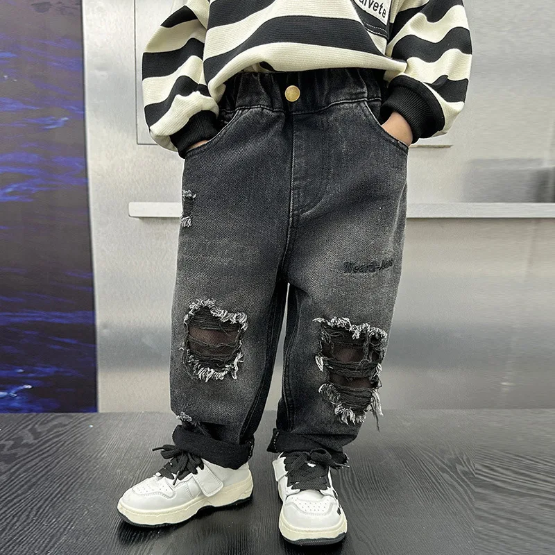 Spring Autumn New Children Tear Hole Jeans Casual Boys Jeans Toddler Boy Harem Pants Teenager Denim Trousers 2-10 Years
