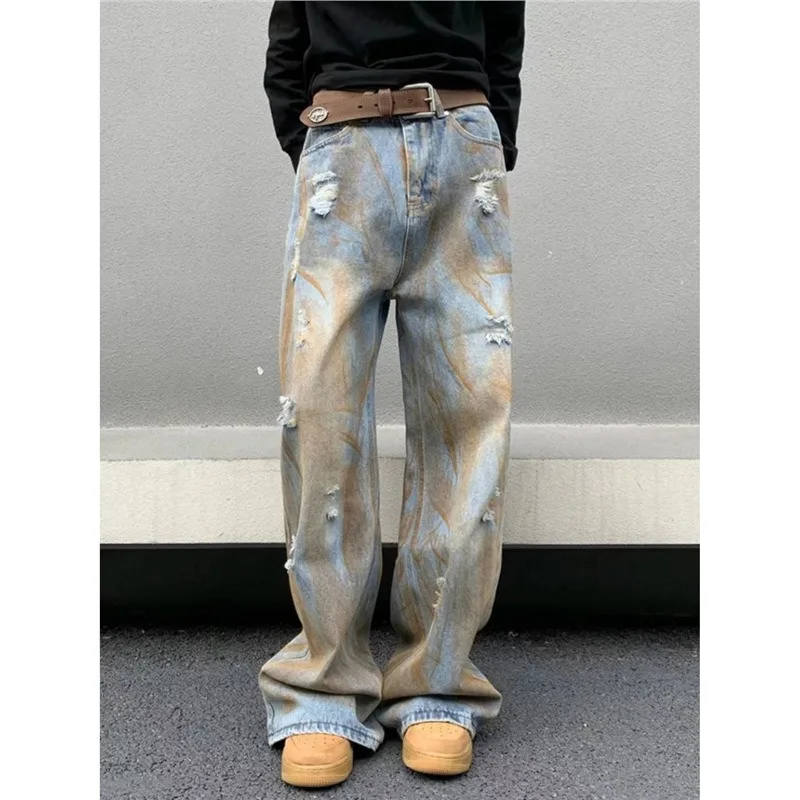

American Retro High Street Wasteland Ripped Jeans for Men 2026 New Men's Baggy Straight Leg Denim Pants Y2k Streetwear
