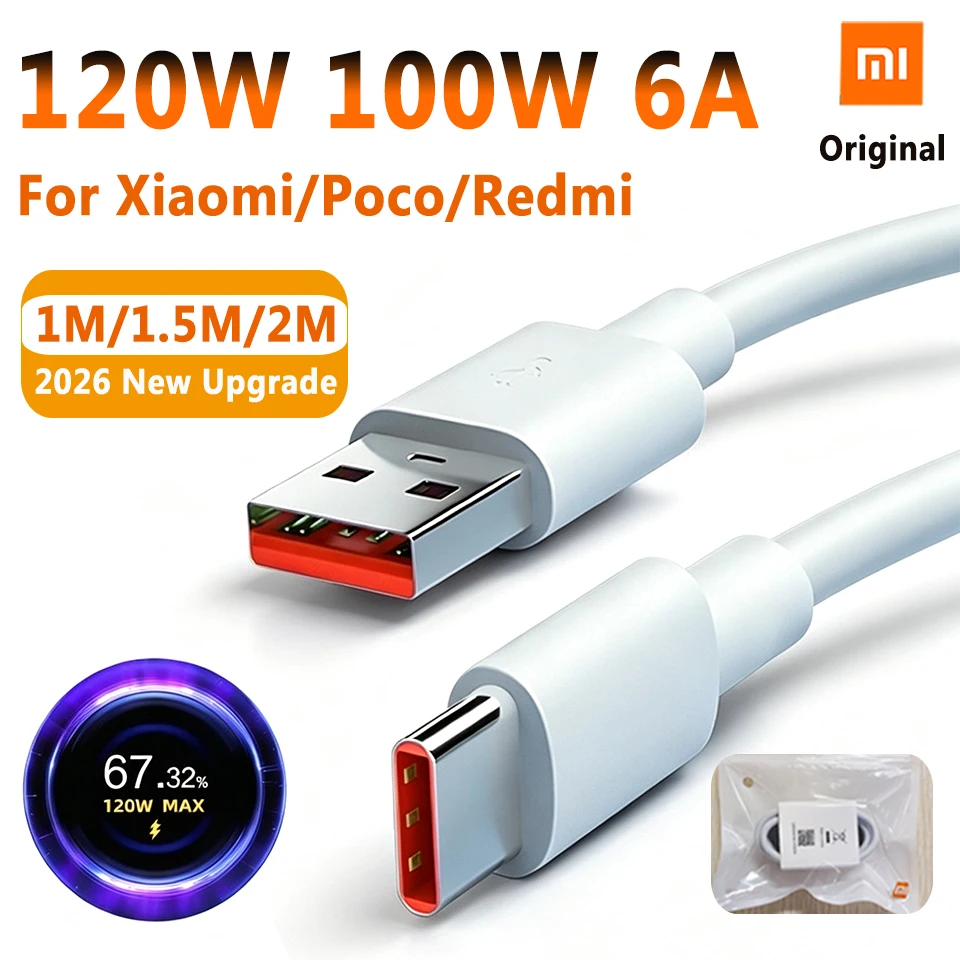Cabo Original XIAOMI Redmi 120W 6A Tipo C, Cabo Carregador Turbo 90W 67W, Cabo de Carregamento 33W para Xiaomi 17 15 15t 14 Poco X8 X7 F8 M8 Pro Pad 6