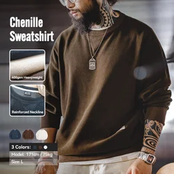 Maden Heavyweight Round Collar Chenille Sweater for Men Spring and Autumn Basic Styles Long-sleeved Pullover Navy Blue T-shirts