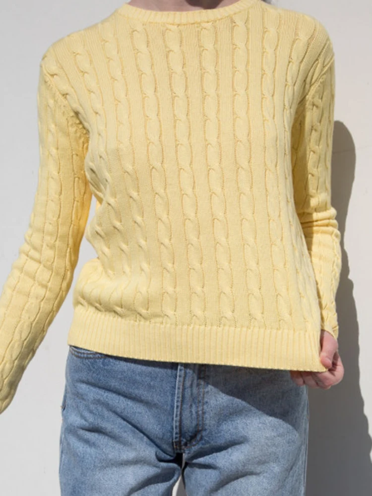 Vintage Cotton Cable Kint Sweater Women Autumn Harajuku Solid Round Neck Long Sleeve Tops Female Retro Cute Slim Sweaters Chic