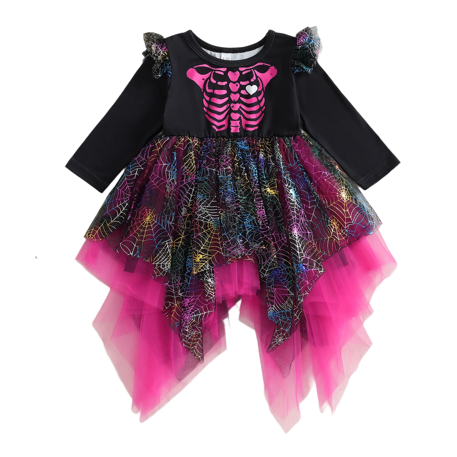 

Kids Girl Halloween Tulle Dress Casual Skeleton Print Irregular Mesh Long Sleeve Dress for Toddler Baby