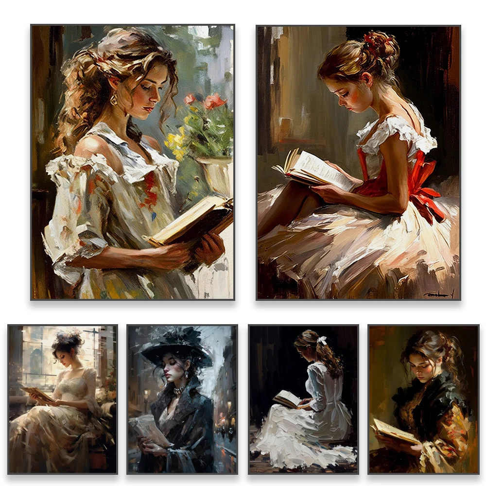 

Woman Reading Art Oil Painting Canvas Prints Retro Lady Girl Portrait Prints Poster Reading Room Canvas Painting Bedroom Decor
