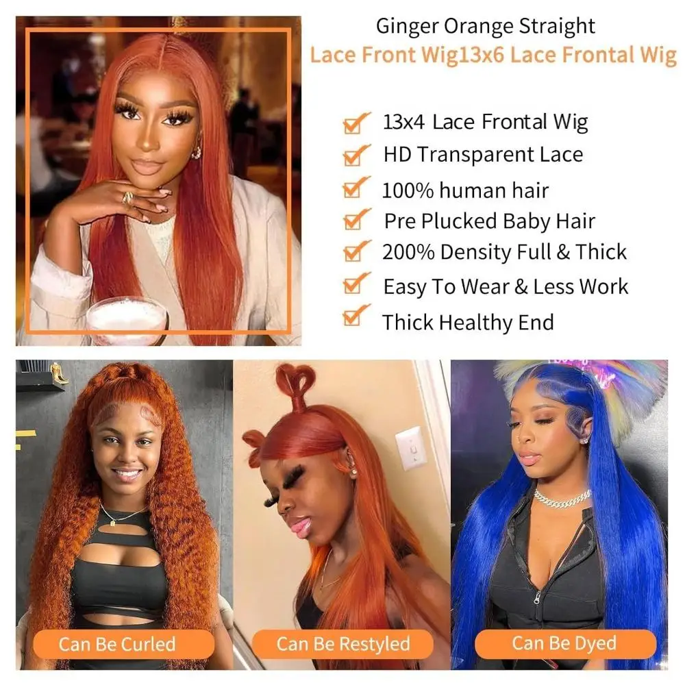 32 بوصة الزنجبيل شعر مستعار شعر الإنسان 13X6 200% الكثافة الزنجبيل البرتقالي الدانتيل الجبهة الباروكات شعر الإنسان مستقيم HD الدانتيل الشفاف شعر مستعار أمامي #4