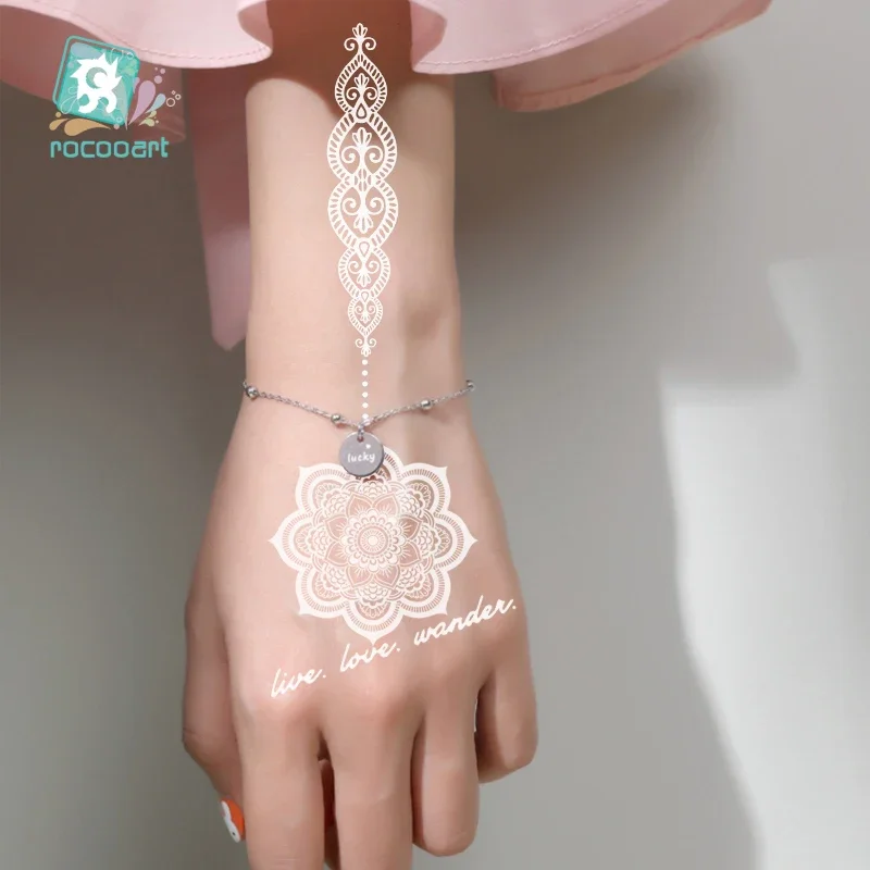 Rocooart Henna style Sexy white Lace glove Fake Flash Tattoo on Body hand and back for Women Waterproof Temporary Tattoo Sticker