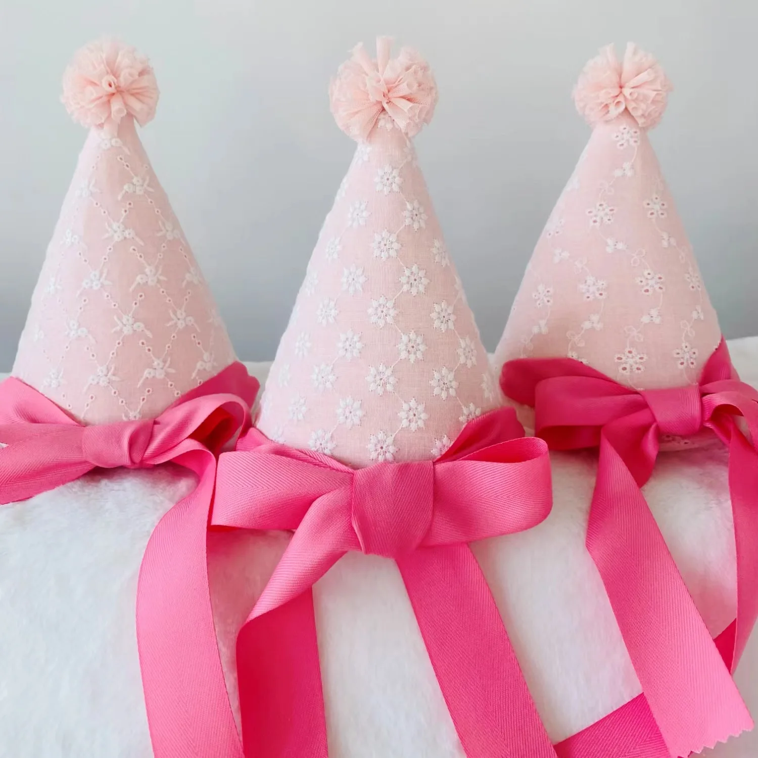 Kids Princess Birthday Hat Baby Birthday Party Yarn Ball Pointed Hat Lace Big Bow Pink Hat