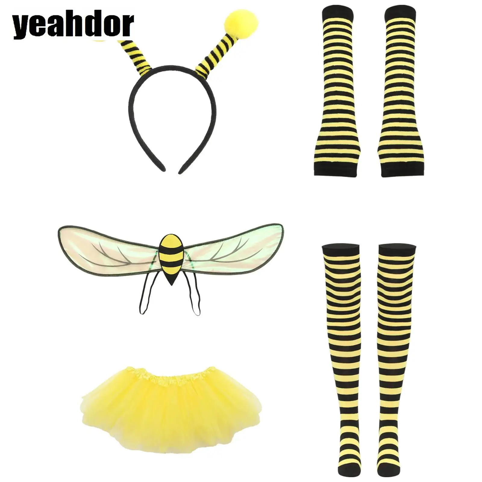 Bee Cosplay Costume Accessories with Wings Headband Mesh Skirt Stripe Fingerless Gloves Socks Halloween Party Show Decoratioms