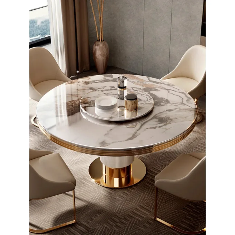 Light luxury marble round dining table and chair combination 6 people 8 people round table turntable modern simple Italian home