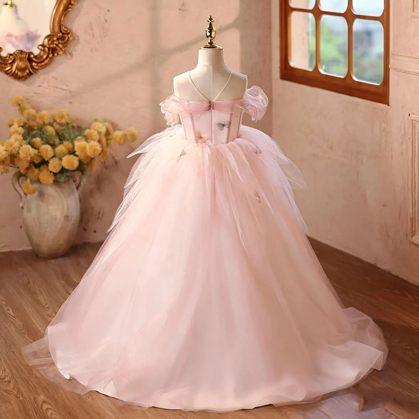 Dreamy Vow D366 Pink Off‑Shoulder Flower Girl Dress 3D Butterfly Tulle Trailing Princess Gown for Birthday Pageant Wedding Party