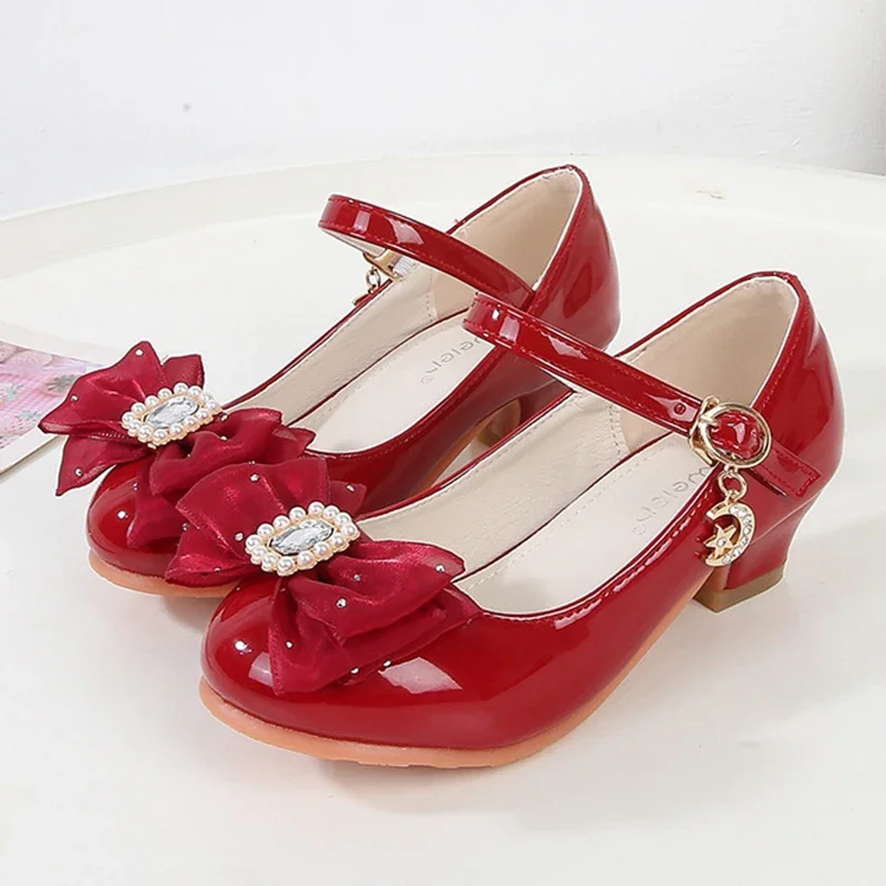 Girls' High Heels 2024 Autumn New Children's Mary Jane Shoes Fashion Bow Crystal Baby Kids Princess Leather Shoes