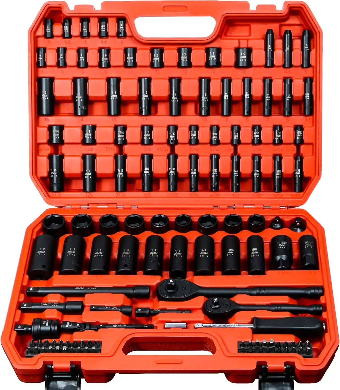 

123Pcs Impact Socket Set, 1/4” & 3/8” Drive Deep & Shallow Sockets, Metric & Standard 5/32”-3/4”, 4-22mm with Spark Plug Sockets