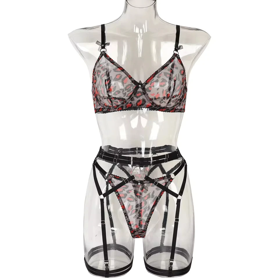 

Womens Sexy Erotic Leopard Print 3 Piece Set Sensual See Through Alluring Charming Breathable Exquisite Lingerie Bra Set Set