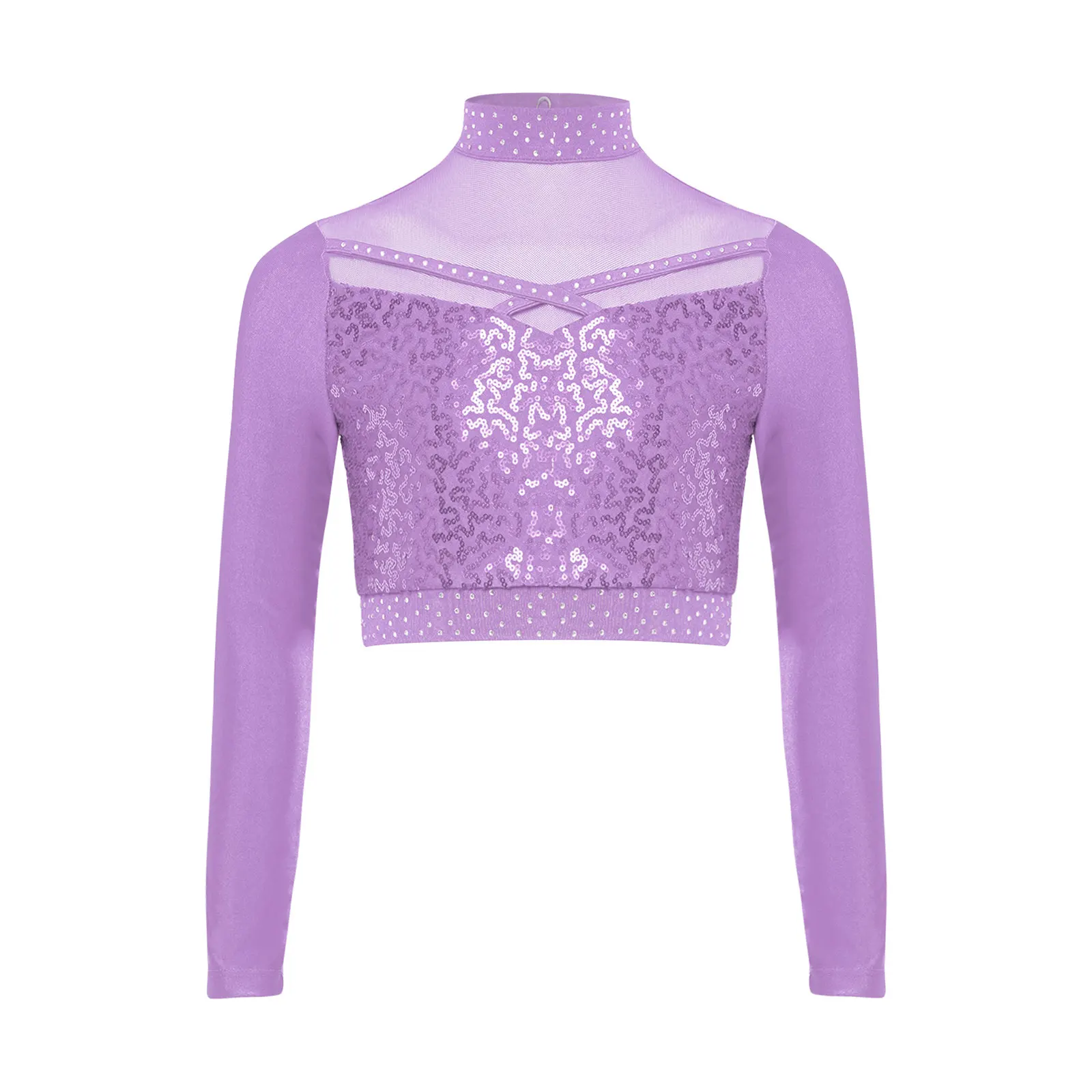 

Kids Girls Jazz Dance Crop Top Shiny Sequins Mock Neck Long Sleeve Sheer Mesh Patchwork Top Streetwear for Performance Dancewear