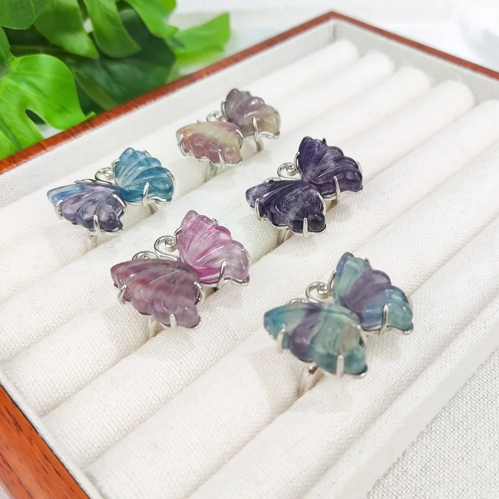 Reiki Healing Natural Crystal Coloorful Fluorite Butterfly Adjustable Ring for Women Fashion Jewelry Gift