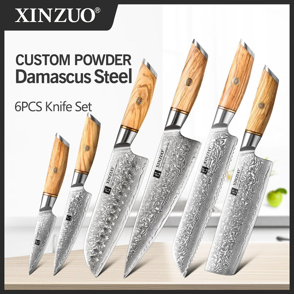 XINZUO 6pcs Chef Knife Set 73-layer Damascus Steel Santoku Utility Knife VG10 Vegetable Fruit Knife with Premium Handle