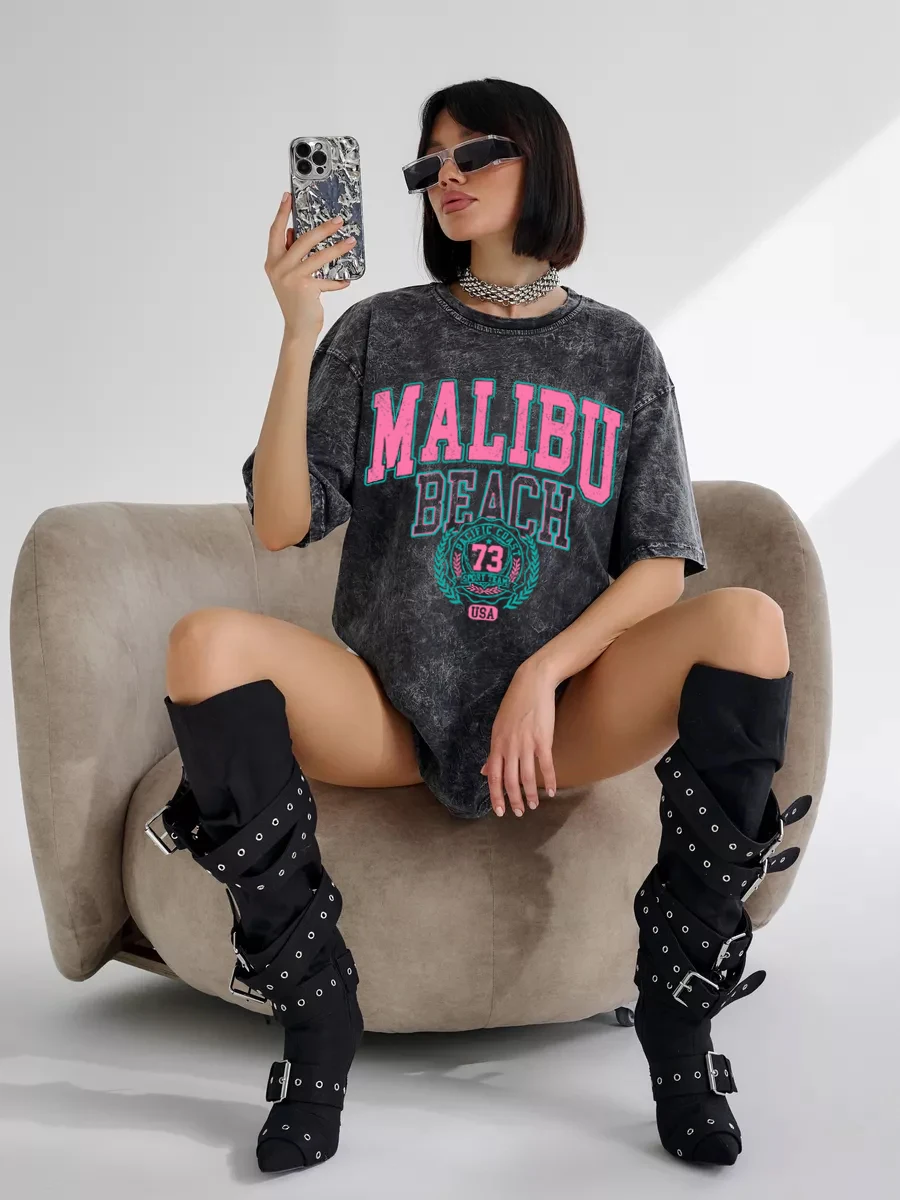 Malibu Beach Letter Printing Washed T-Shirt Street Women Cotton Tops Fashion Loose O-Neck Short Sleeve Fashion Female Clothes