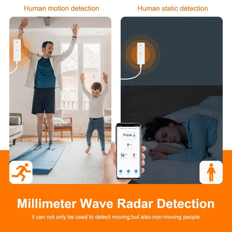 Tuya Zigbee Mmwave Sensor Presença Humana, Casa Inteligente, Detector de Movimento, Luminância, Detecção de Distância, 5V