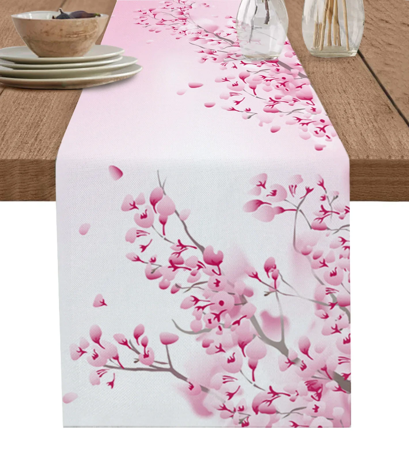 Japanese Style Sakura Cherry Blossom Pink Flower Linen Table Runners Kitchen Dining Table Decoration Wedding Party Supplies